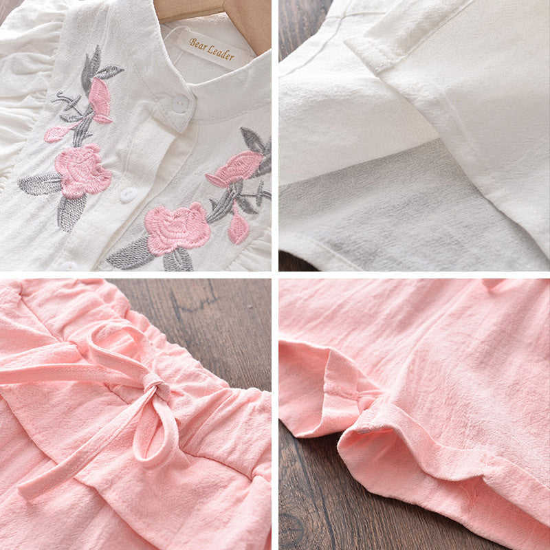 Girls Floral Embroidered Sleeveless Top & Shorts Set – Summer Two-Piece Outfit - BsBuy