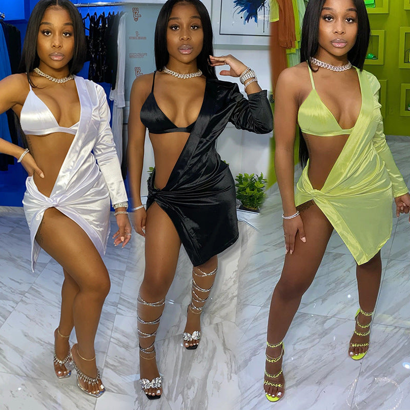 One-Shoulder Bra Mini Dress — Asymmetric Long Sleeve | Night Club & Party Wear | Black, White & Yellow - BsBuy