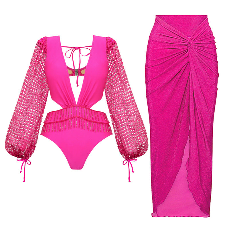 Long Sleeve Bone Pattern Back Cut-Out One-Piece Swimsuit for Women - BsBuy