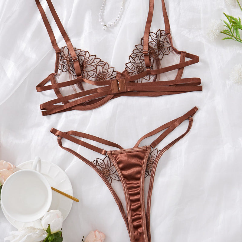 Embroidered Sexy Bra Women's Delicate Mesh Bra Comfortable Cotton Crotch Hollow Out Tempting Thong Set - BsBuy