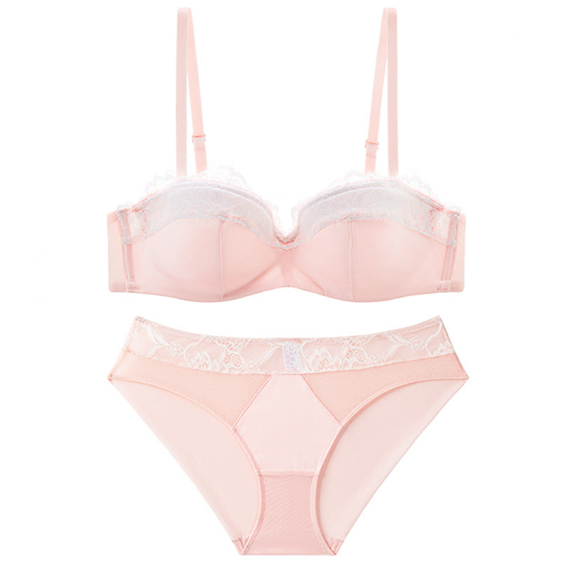 French Half-Cup Lace Gathering Bra Set — Seamless Smooth, Lift & Comfort | Pink, Nude, Red & Black - BsBuy