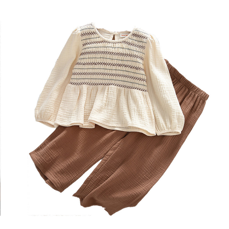 Fashionable Beige Ruched Bubble Sleeve Top with Brown Pants Two-Piece Set for Girls, Cotton Material - BsBuy