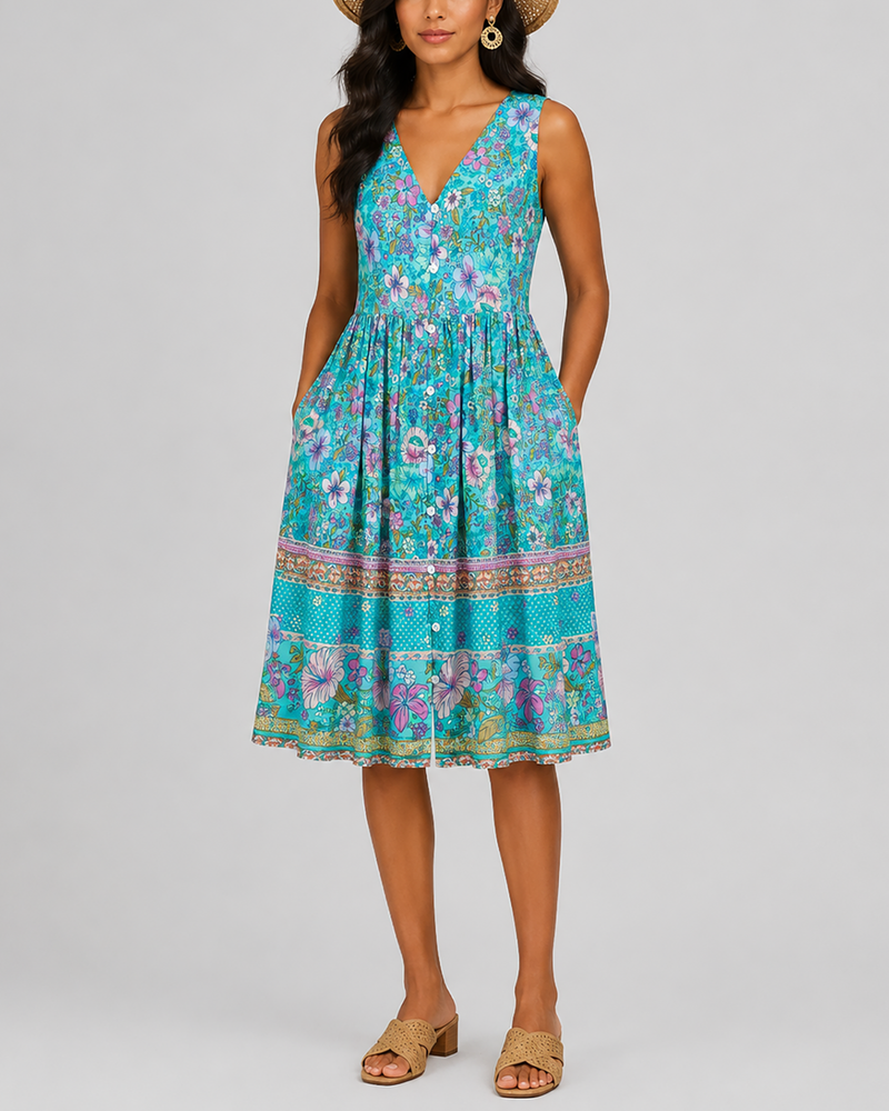 Women's Fashion Ethnic Style Blue Printed V-Neck Open Front Sleeveless Dress - BsBuy