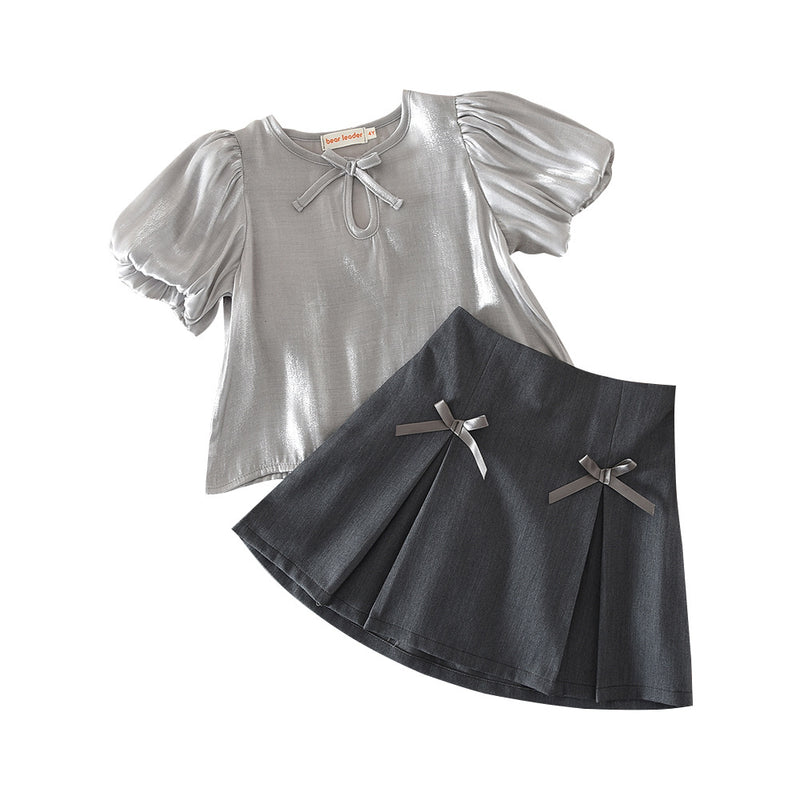 Girls' French Elegant Summer Outfit Set, Bubble Sleeve Top with Bowknot A-Line Skirt Two-Piece Set - BsBuy