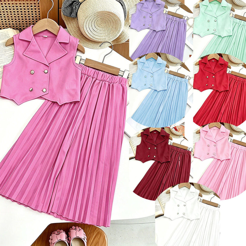 New Arrival Girls' Suit Set - Sleeveless Blouse + Wide Leg Pleated Pants Children's Outfit - BsBuy