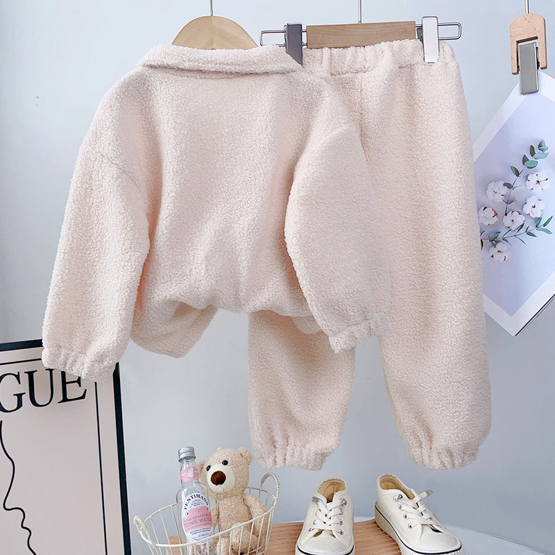 Fall Winter Girls' Simple Letter Fleece High Neck Coat and Long Pants Two-Piece Set - BsBuy