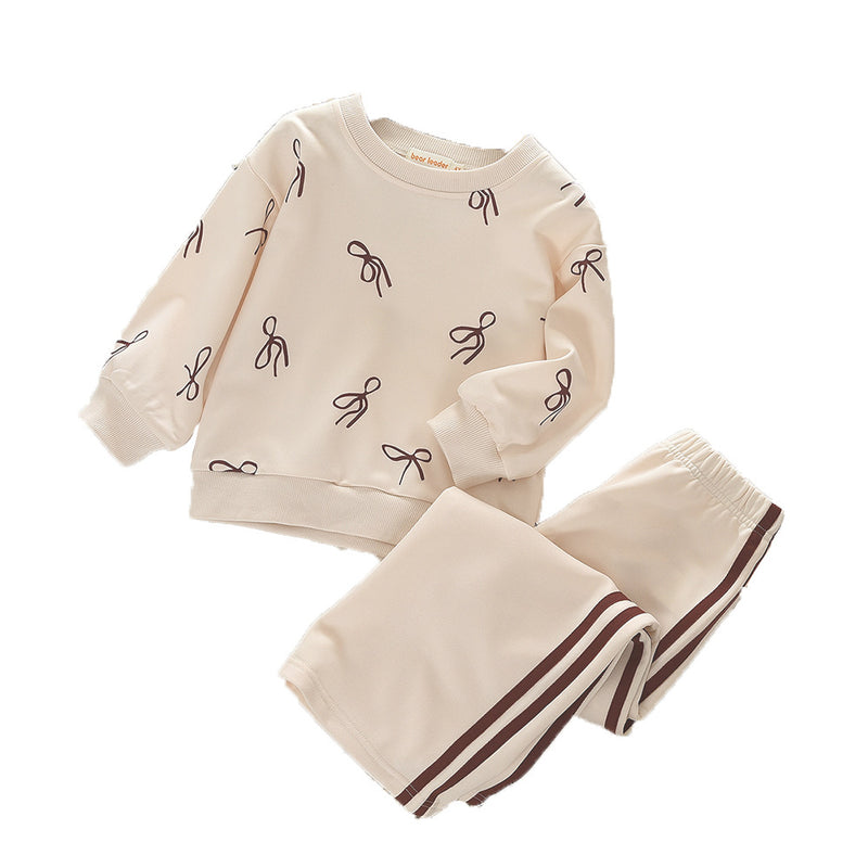 Girls' Spring and Autumn New Two-Piece Set with Bow Print Long Sleeve Hooded Sweatshirt and Long Pants Casual Outfit - BsBuy