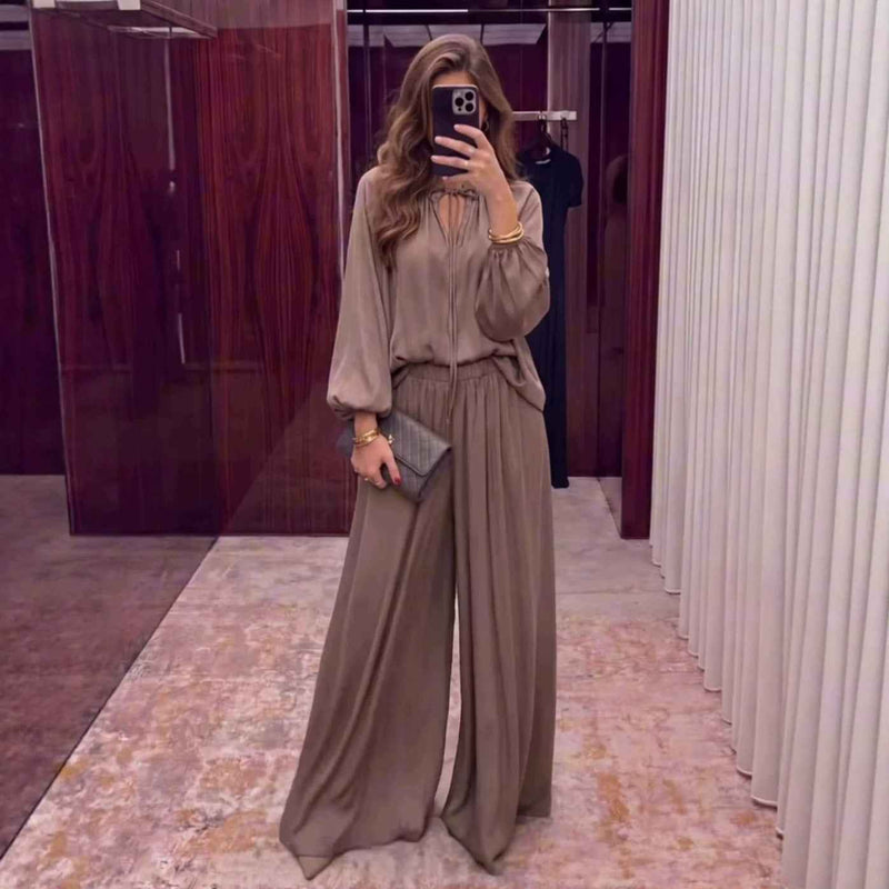 Women's Solid Colour V-Neck Lace-Up Top & Loose Trousers Set | Relaxed Fit | S–XXL