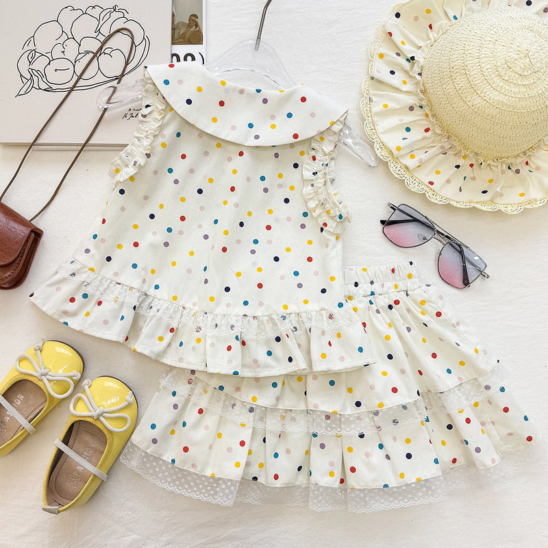 Cute Polka Dot Outfit for Girls, Baby Doll Collar Sleeveless Top with Layered Skirt Two-Piece Set, Fashionable Casual Wear - BsBuy