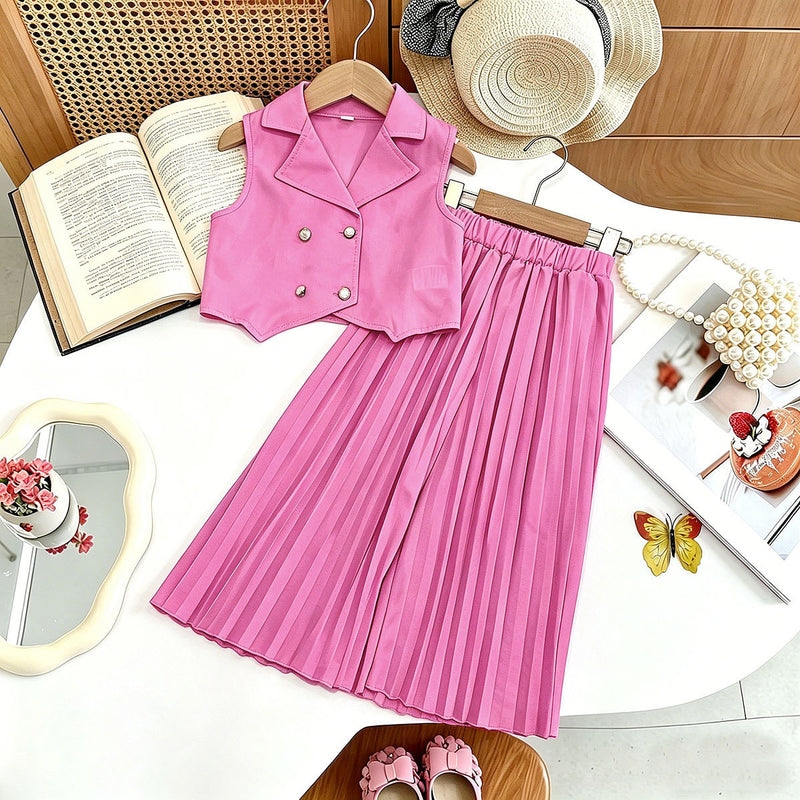 New Arrival Girls' Suit Set - Sleeveless Blouse + Wide Leg Pleated Pants Children's Outfit - BsBuy