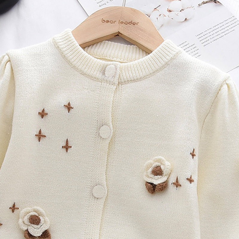 Cute Girl Knit Sweater Set with 3D Flower Round Neck Cardigan and Short Skirt, Two-Piece Outfit for Autumn and Winter - BsBuy