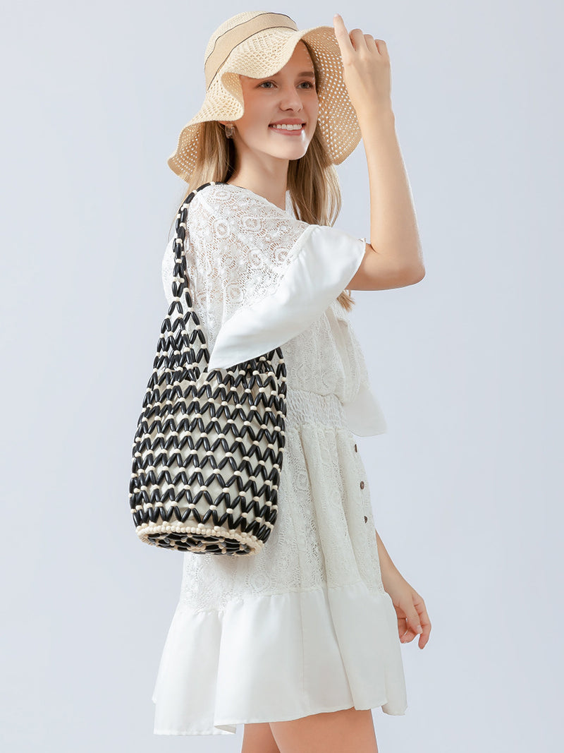 Women's Woven Bucket Bag – Hollow Wooden Bead Shoulder Bag - BsBuy