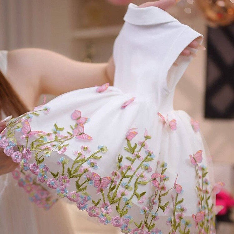 Charming Embroidered Floral Tulle Puff Dress for Girls, Princess Style Formal Dress - BsBuy