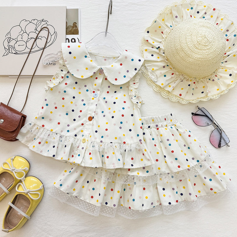 Cute Polka Dot Outfit for Girls, Baby Doll Collar Sleeveless Top with Layered Skirt Two-Piece Set, Fashionable Casual Wear - BsBuy