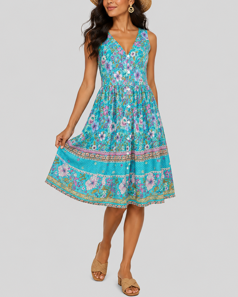 Women's Fashion Ethnic Style Blue Printed V-Neck Open Front Sleeveless Dress - BsBuy