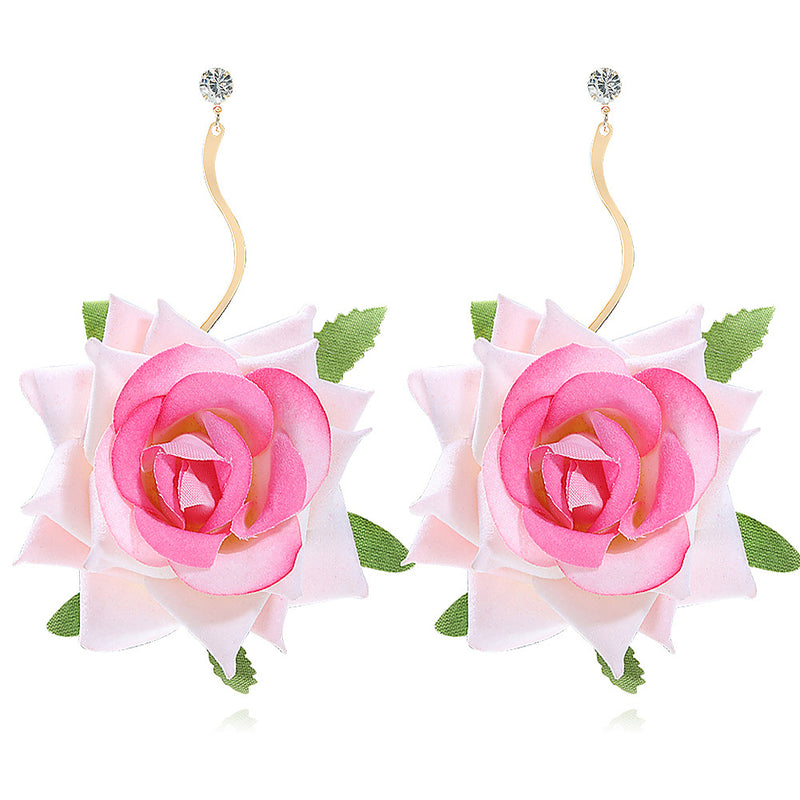 3D Rose Drop Earrings — Handmade Fabric Floral Bridal & Bohemian Ear Jewellery - BsBuy