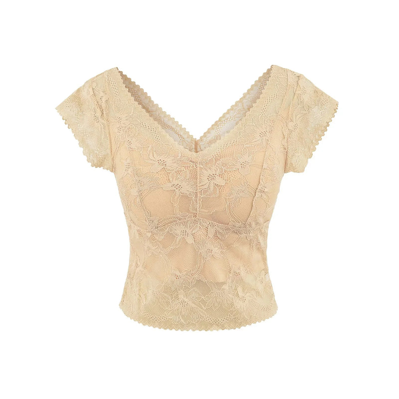 V-Neck Lace Top with Built-In Bra — No Bra Needed | Short Sleeve | White, Black & Apricot - BsBuy