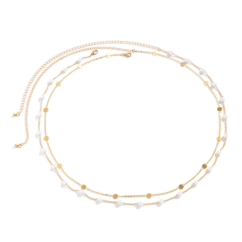 Luxe Double-Layered Waist Chain — Pearl & Geometric Sequin Body Jewellery - BsBuy