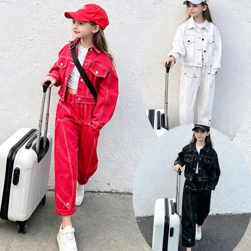 Girls' Cargo Outfit Fashionable Denim Two-Piece Set for Kids Spring and Autumn - BsBuy