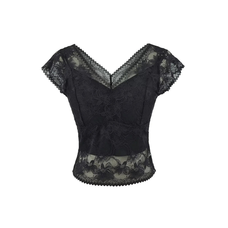 V-Neck Lace Top with Built-In Bra — No Bra Needed | Short Sleeve | White, Black & Apricot - BsBuy