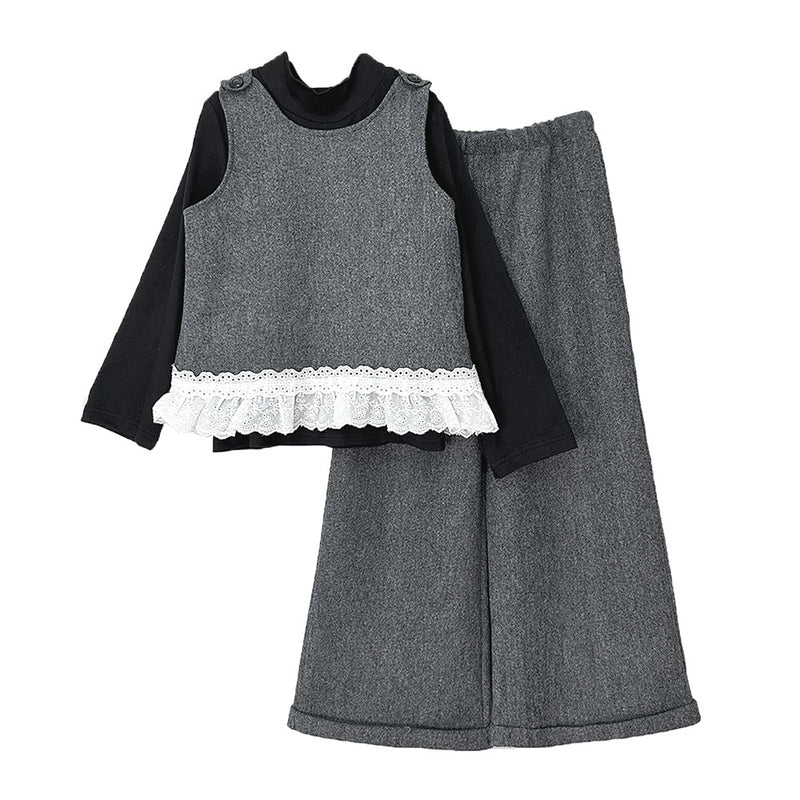 Chic Wool Vest Set for Girls - Long Sleeve Top Autumn Fashion 3-Piece Outfit - BsBuy