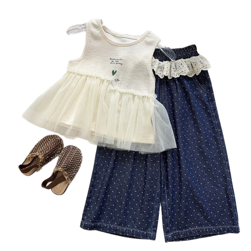 Summer Girls' Outfit Set Letter Print Mesh Tank Top Polka Dot Wide Leg Pants Two-Piece Set - BsBuy