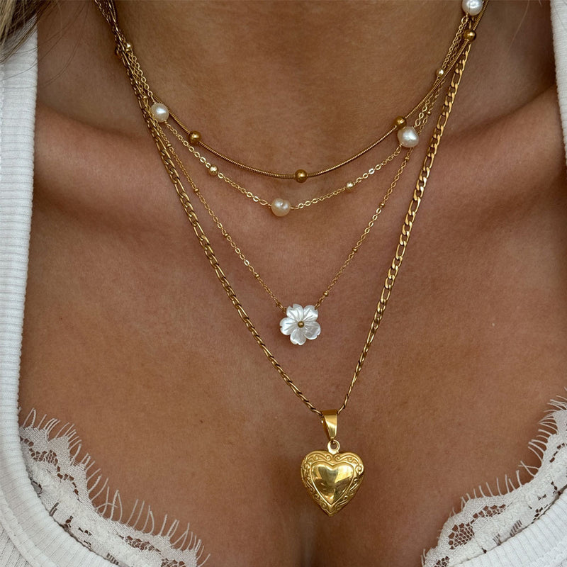 Natural Pearl Necklace Stainless Steel Layered Chain Heart Clasp Shell Pendant