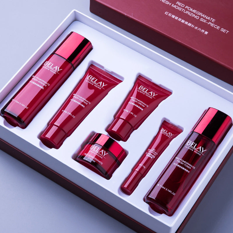 Pomegranate & Hyaluronic Acid Facial Care 6-Piece Set — Brighten, Hydrate & Glow - Red pomegranate