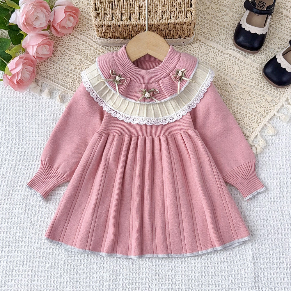 Cute Knit Dress for Girls with Flower Pattern, Long Sleeve Pullover Princess Style Casual Wear - BsBuy