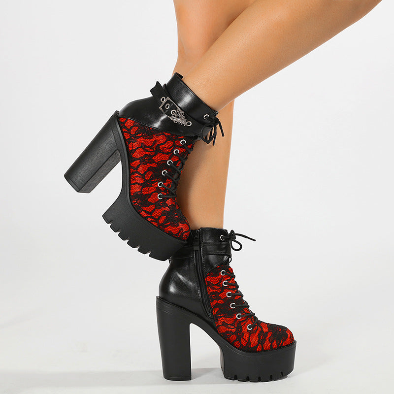 BsBuy Vintage Lace Platform Ankle Boots | Gothic Buckle | Thick High Heel | EU 35–42