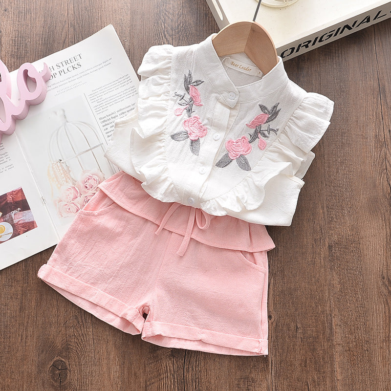 Girls Floral Embroidered Sleeveless Top & Shorts Set – Summer Two-Piece Outfit - BsBuy