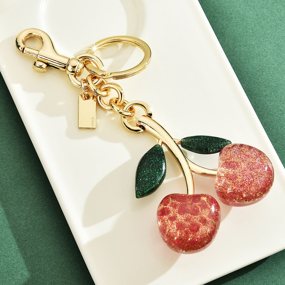 Crystal Cherry Keychain Bag Charm — Gold-Plated Alloy Luggage Pendant | Red & Pink - BsBuy