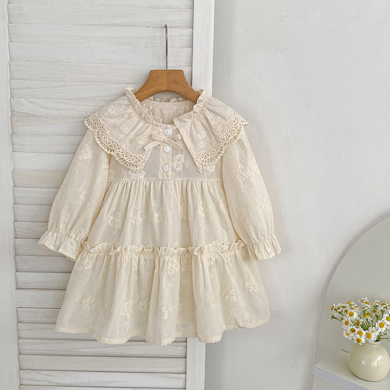 Girls' Dress Spring Autumn New French Lace Trim Large Turn-Down Collar Long Sleeve Princess Dress Children's Clothing - BsBuy