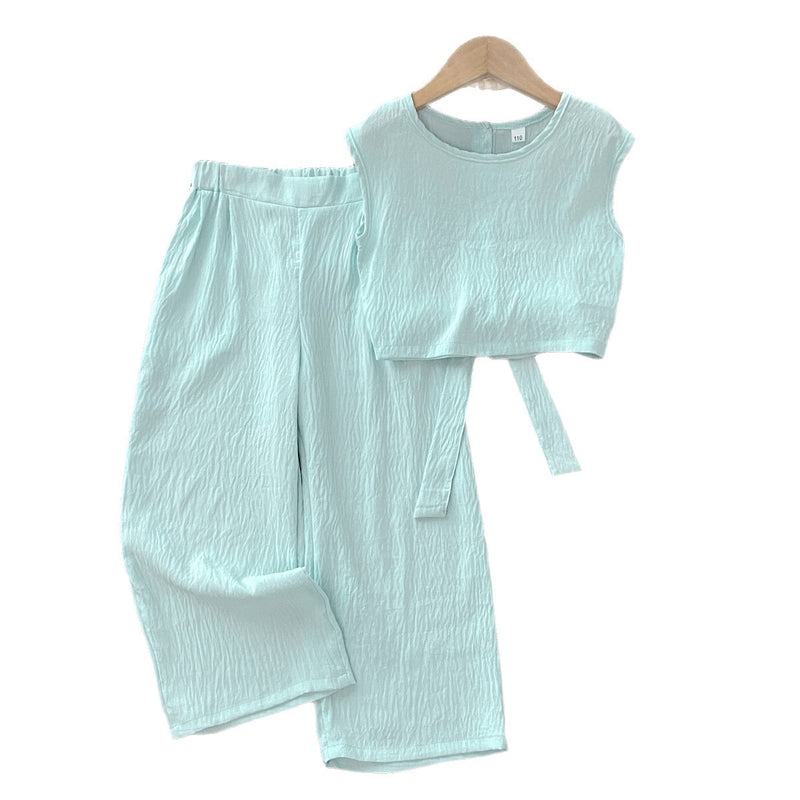 Casual Two-Piece Set for Girls Summer Sleeveless Top with Tie-Back Design and Straight-Leg Pants Mid to Large Size - BsBuy
