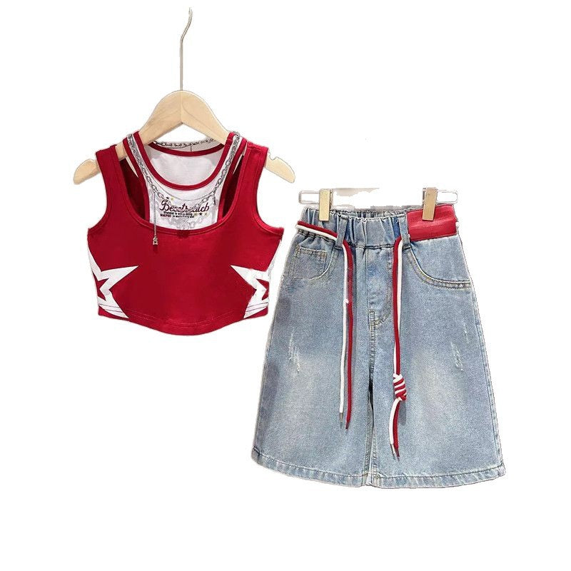 Fashionable Summer Outfit for Girls, Stylish Short Sleeve Trendy Denim Mid-Length Pants Two-Piece Set - BsBuy