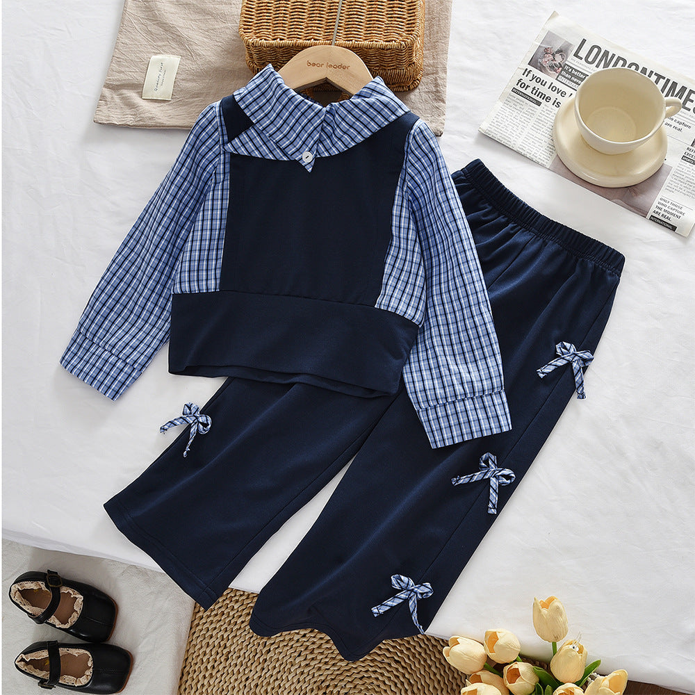 Girls' Sporty Two-Piece Set with Long Sleeve Mock Two-Piece Top and Bow Pants - BsBuy