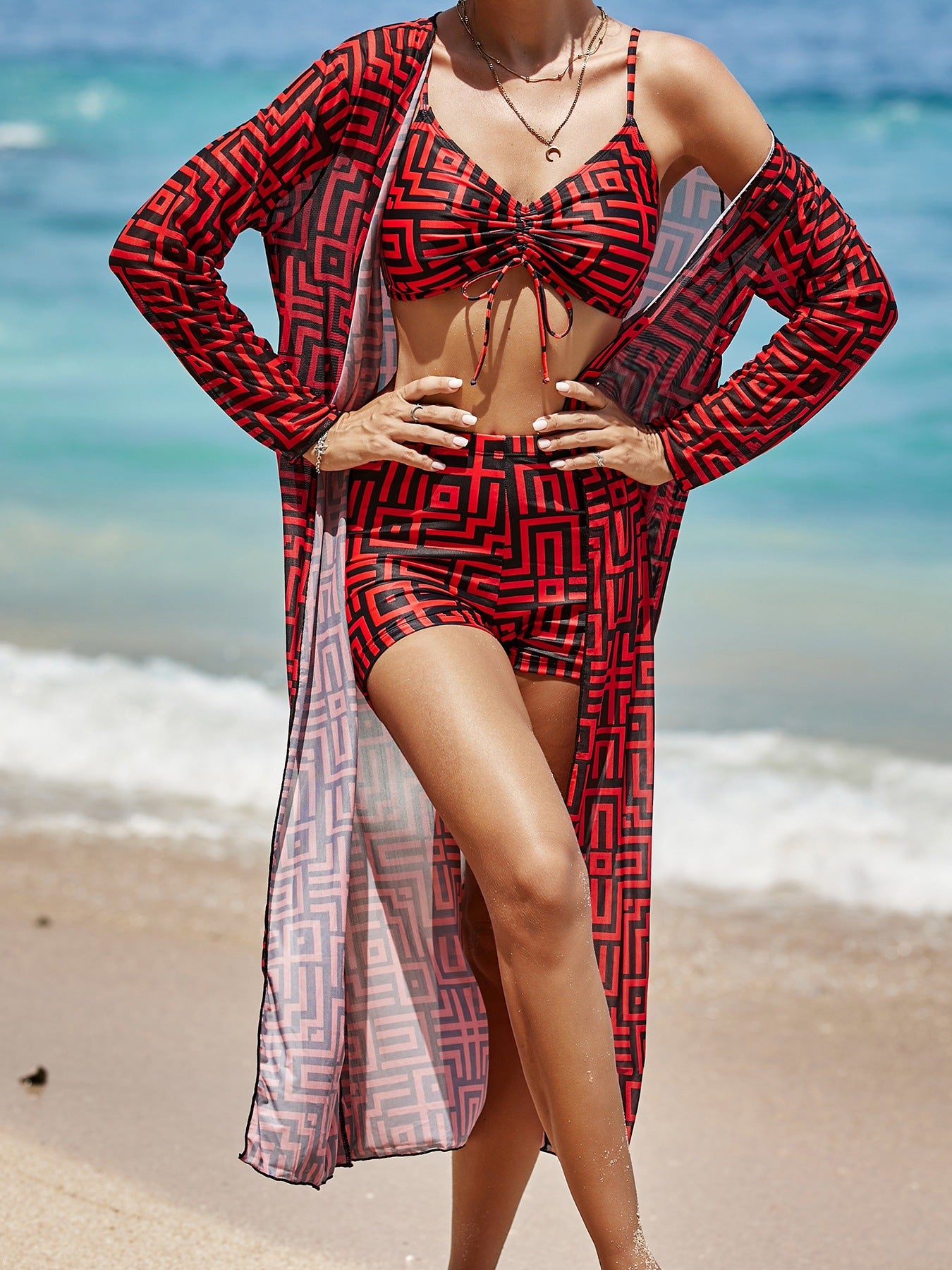Checkered printed split long sleeved three piece swimsuit - BsBuy