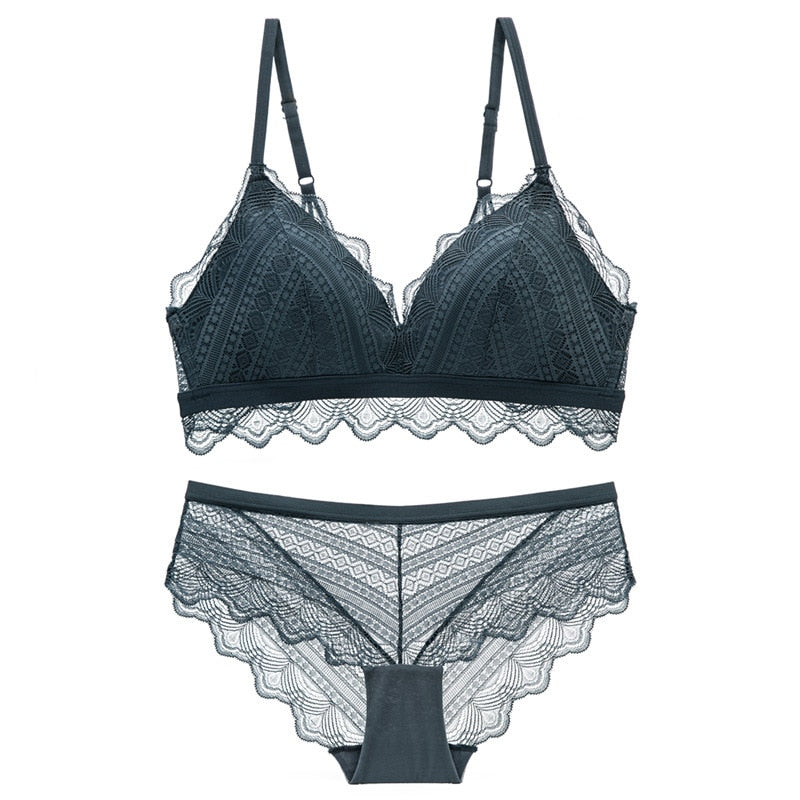Ultra-Thin Cotton Lace Bra & Panty Set — Embroidery Lingerie | Wire-Free | Black, Blue, Brown & White - BsBuy