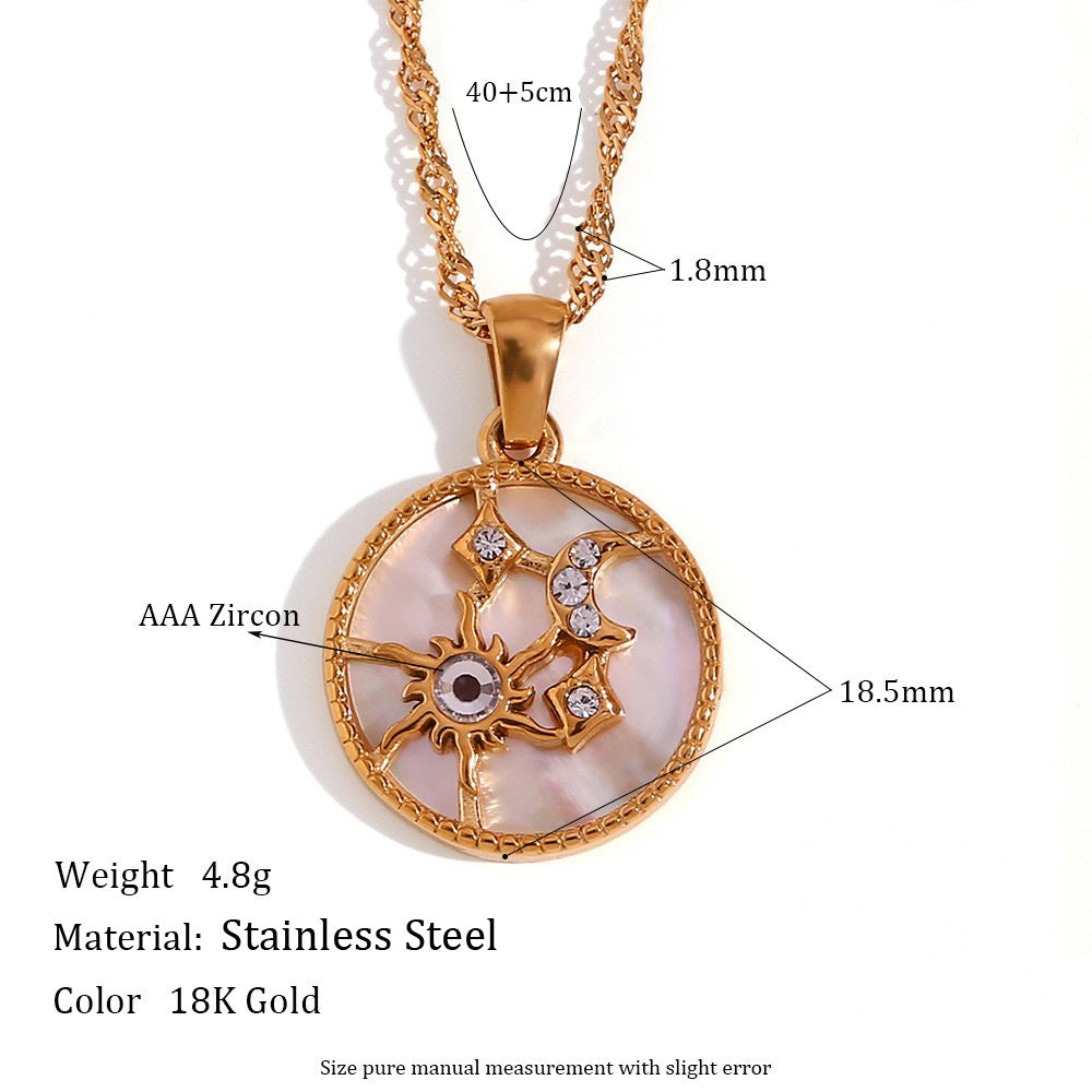 Celestial Sun Moon Stars Shell Pendant Necklace — Titanium Steel & Stainless Steel | Black & White - BsBuy
