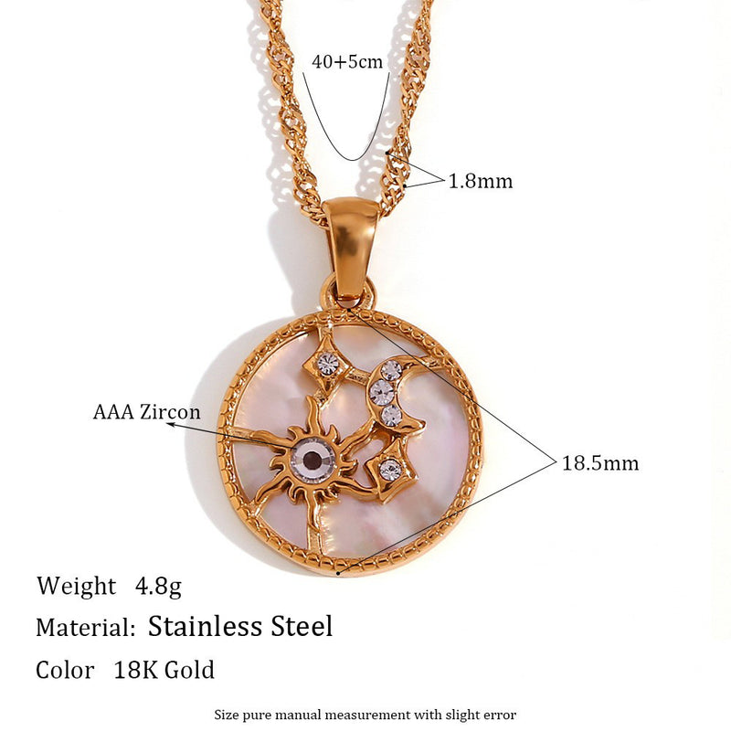 Celestial Sun Moon Stars Shell Pendant Necklace — Titanium Steel & Stainless Steel | Black & White - BsBuy