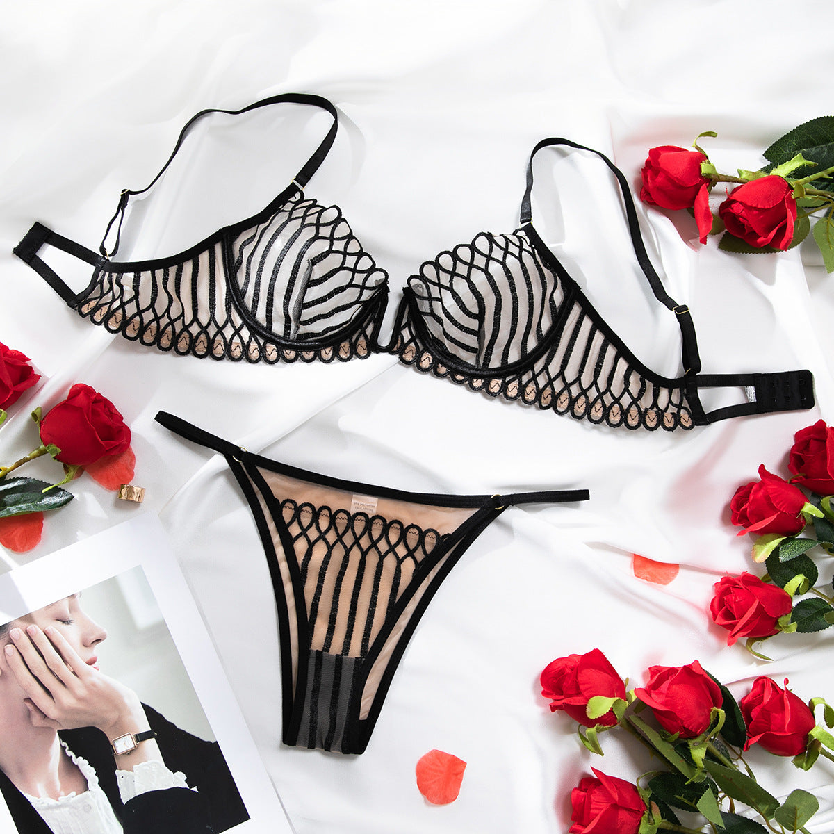 Shell Lace Bra Set - Ultra-thin Mesh Embroidered Underwire Gathered Sexy Deep U Transparent Bra Suit - BsBuy