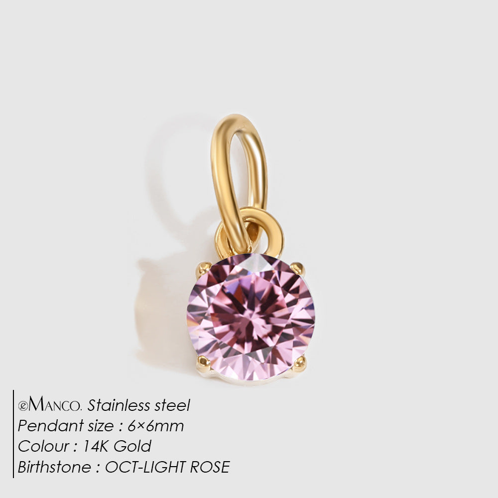 Birthstone Zircon Necklace Pendant — Stainless Steel Round Charm | 12 Months | Gold & Steel - BsBuy