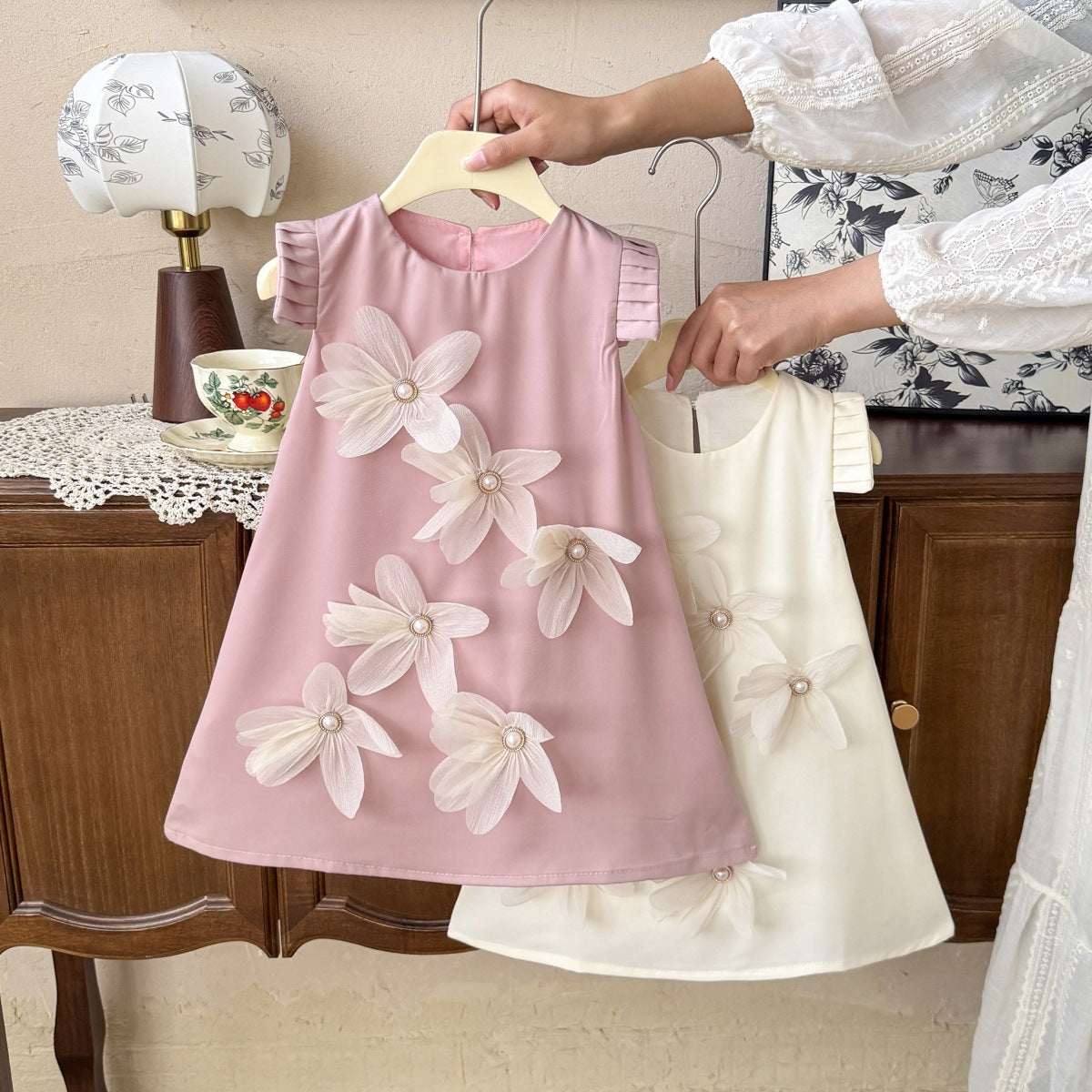 Flower Pleated Flutter Sleeve Long Dress for GirlsElegant and Beautiful, Summer Dress - BsBuy