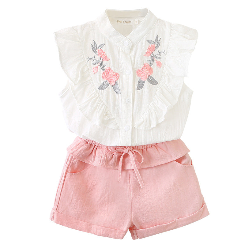Girls Floral Embroidered Sleeveless Top & Shorts Set – Summer Two-Piece Outfit - BsBuy
