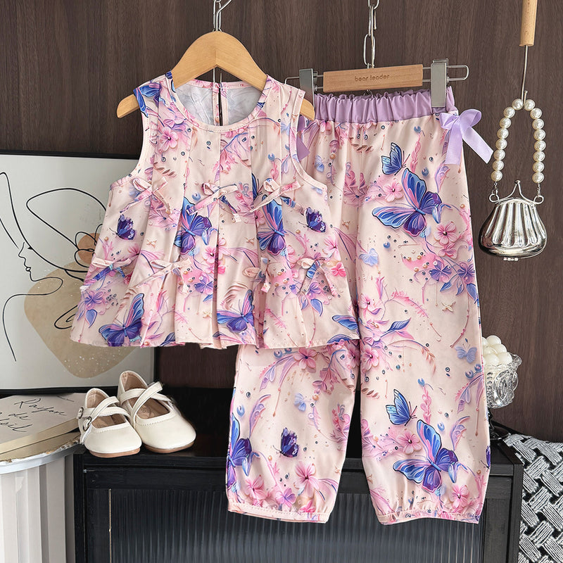 Sleeveless Set Summer Lightweight Two-Piece Outfit with Bow Top and Long Pants for Kids - BsBuy