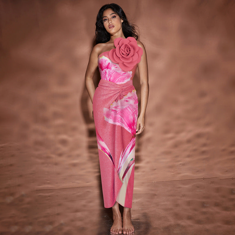 3D Floral Decoration Print Sleeveless One-Piece Full Coverage Women's Swimwear - BsBuy