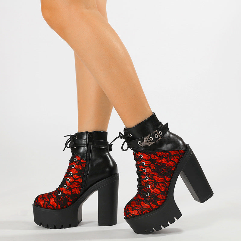 BsBuy Vintage Lace Platform Ankle Boots | Gothic Buckle | Thick High Heel | EU 35–42