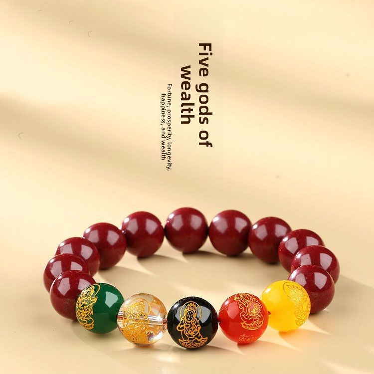 Five-Way Fortune God Cinnabar Bracelet with Beads - BsBuy