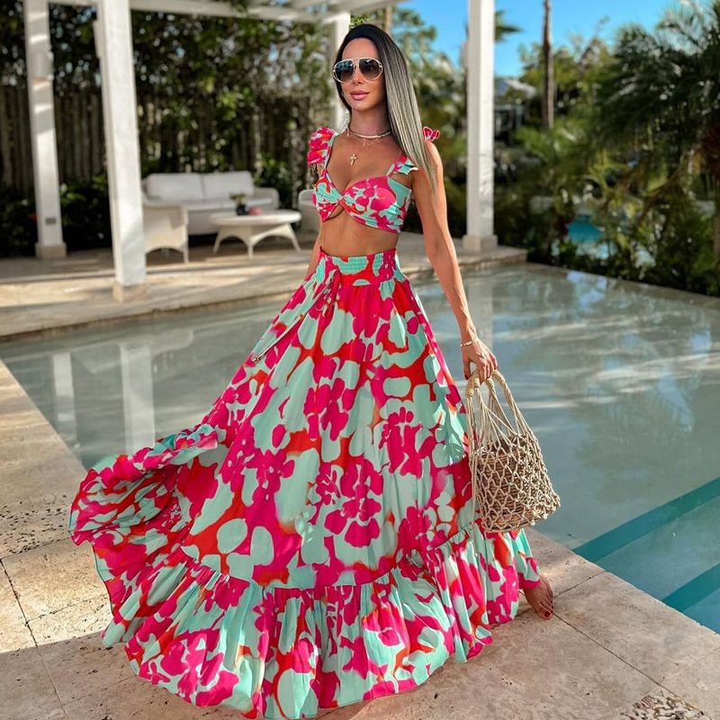 High-Waist Bikini Two-Piece Swimsuit with Beach Vacation Skirt Set for Women - BsBuy