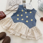 Girls' Denim Set Summer New Style Daisy Polka Dot Tulle Denim Vest and Wide Leg Pants Two-Piece Set - BsBuy